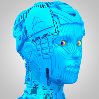 Symbol KI: ein Roboterkopf mit unheimlich leuchtenden Augen