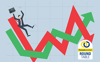 Illustration eines Mannes, der auf einem Graphen herunterrutscht