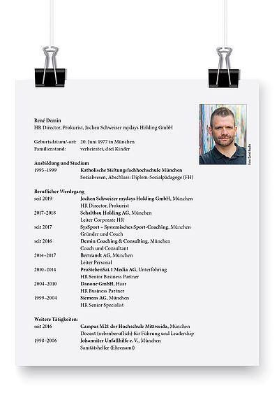 Tabellarischer Lebenslauf von René Demin.