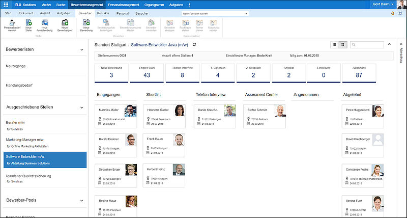 Neu eingegangen? Engere Wahl? Zweites Gespräch? Mit Dashboards behalten Sie immer den Überblick im Bewerbungsprozess. Screenshot: ELO GmbH