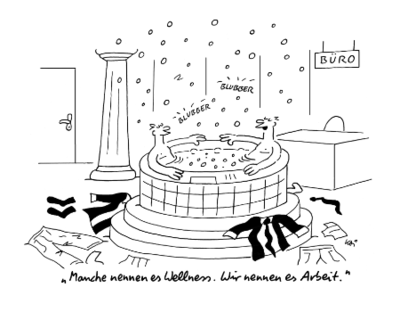 Cartoon von Kai Felmy: Zwei Männer liegen in einem Whirlpool, der in einem Büro steht.