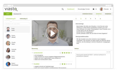 Recruiter können ihre Eindrücke von Bewerbern während des Live-Videointerviews direkt digital eingeben.
Screen: Viasto