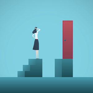 Grafik von einer Frau, die vor einer Tür steht.