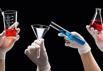 Vier Hände schwenken Reagenzgläser und Glaskolben mit farbigen Flüssigkeiten